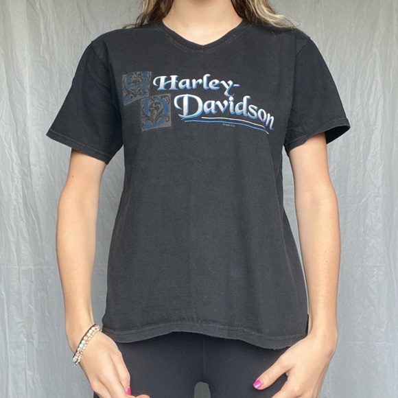 Harley Davidson 1998 Vintage Rare Medium Black Short Sleeve V-Neck Shirt - Picture 2 of 7